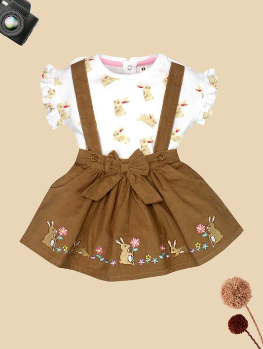 Bunny Print Top & Bow Suspender Skirt Set for Girls