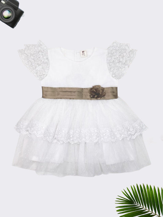 White Lace Party Dress with Satin Flower Waistband for Girls
