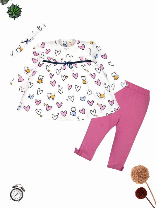 Heart Print Tunic & Leggings Set with Headband for Babies