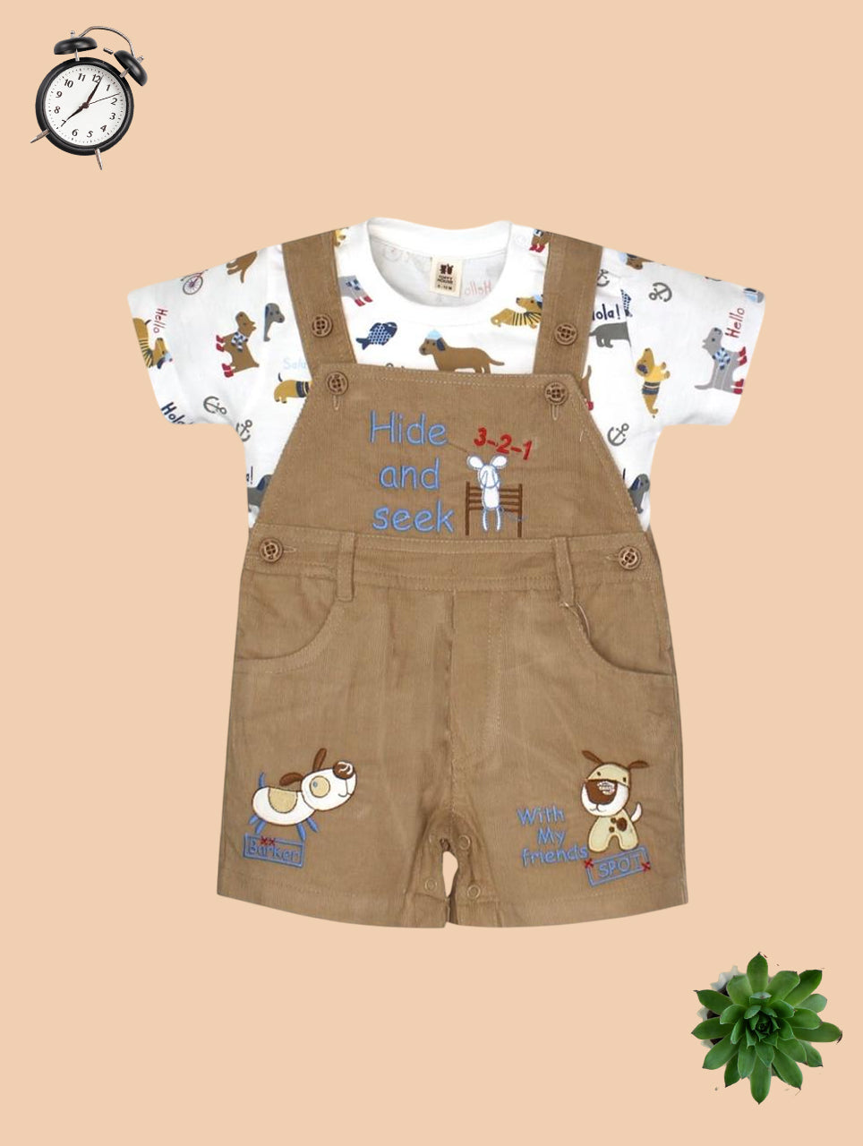 Hide and Seek Dog Embroidered Overalls Set for Kids