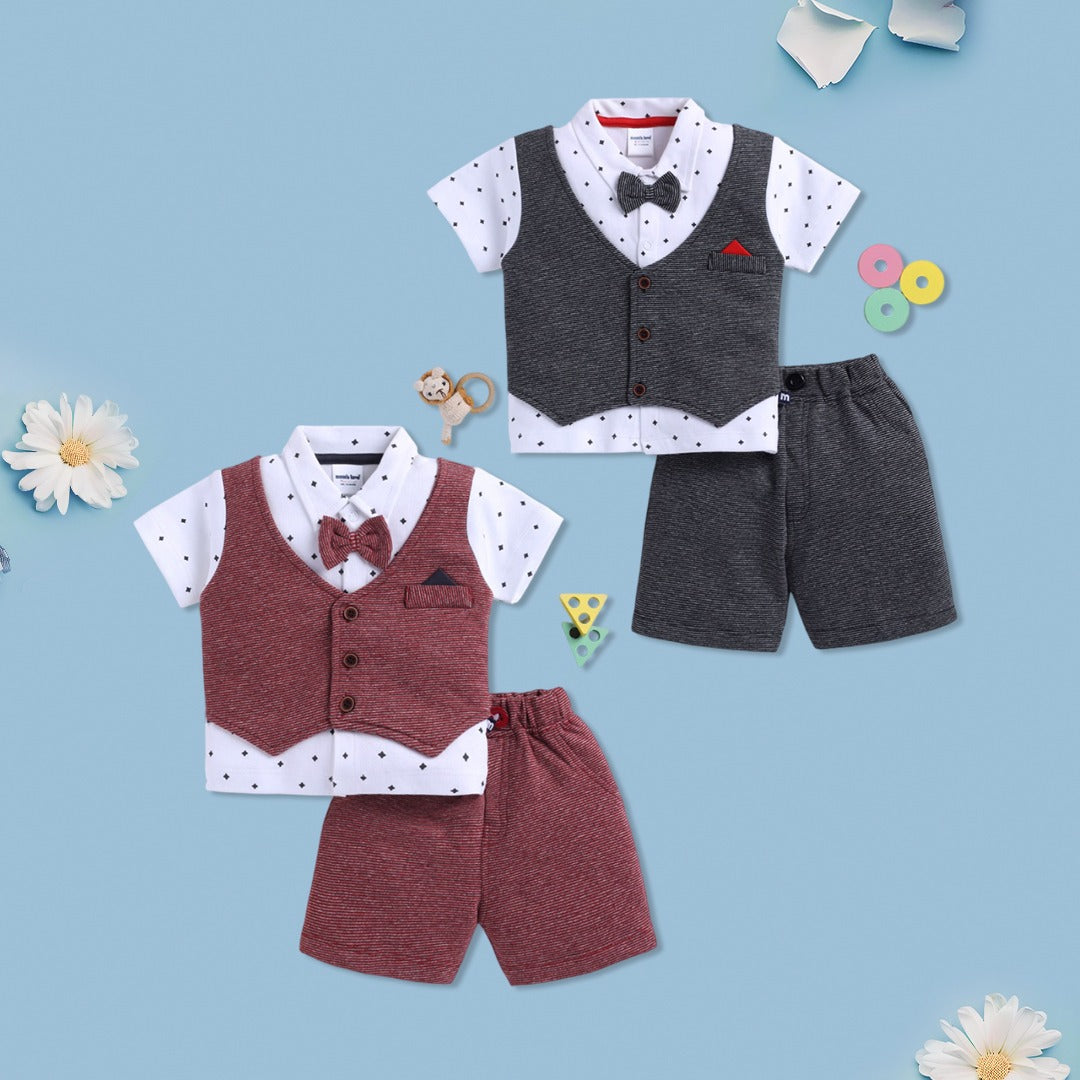 Bow-Tie Baby Suit Set (Grey & Maroon Combo)