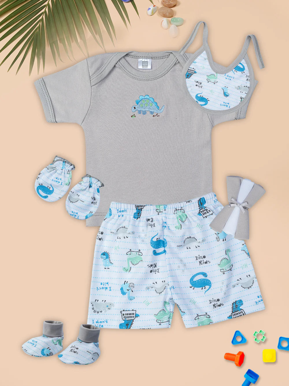 Mee Mee Cotton Soft 8-Piece Gift Hamper for Newborns – Baby Boy or Girl (Grey)