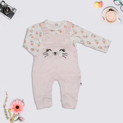 Girls Embroidered Dungaree and Printed Tee with Button Closure - Purple and Pink