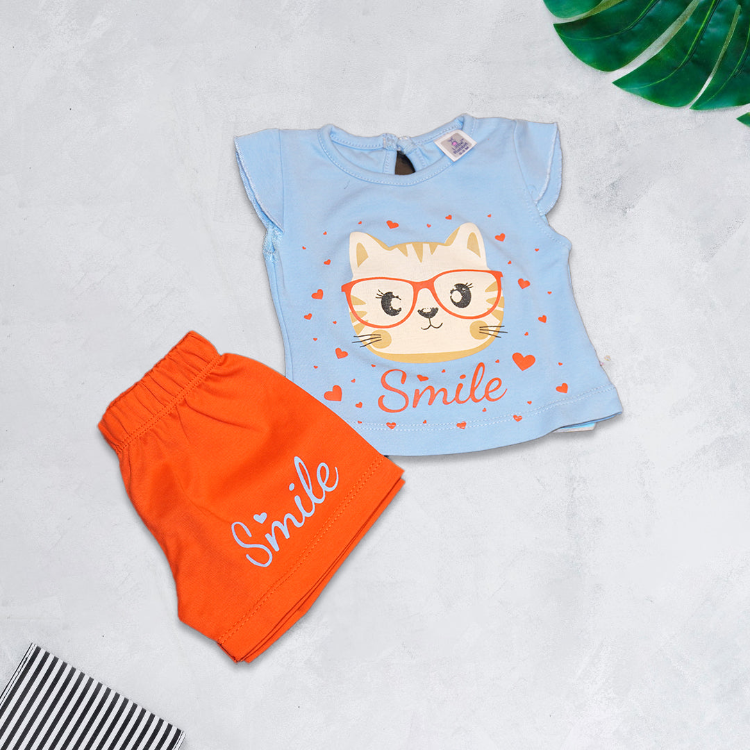 Blue Cartoon Printed T-Shirt and Red Shorts Set