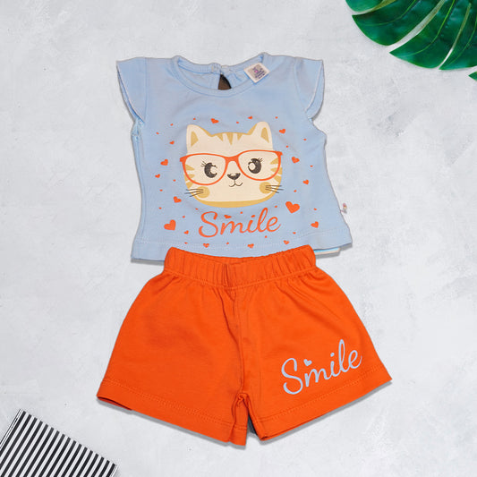 Blue Cartoon Printed T-Shirt and Red Shorts Set