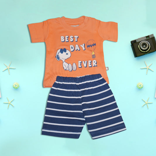Kids Orange T-Shirt and Striped Blue Shorts Set
