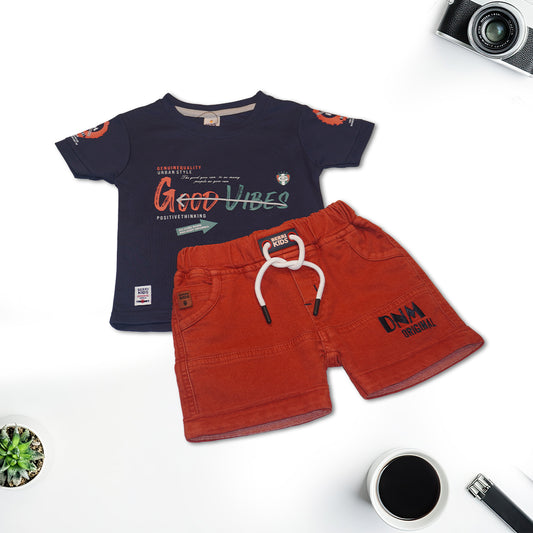 Boys Royal Blue T-Shirt and Red Denim Shorts