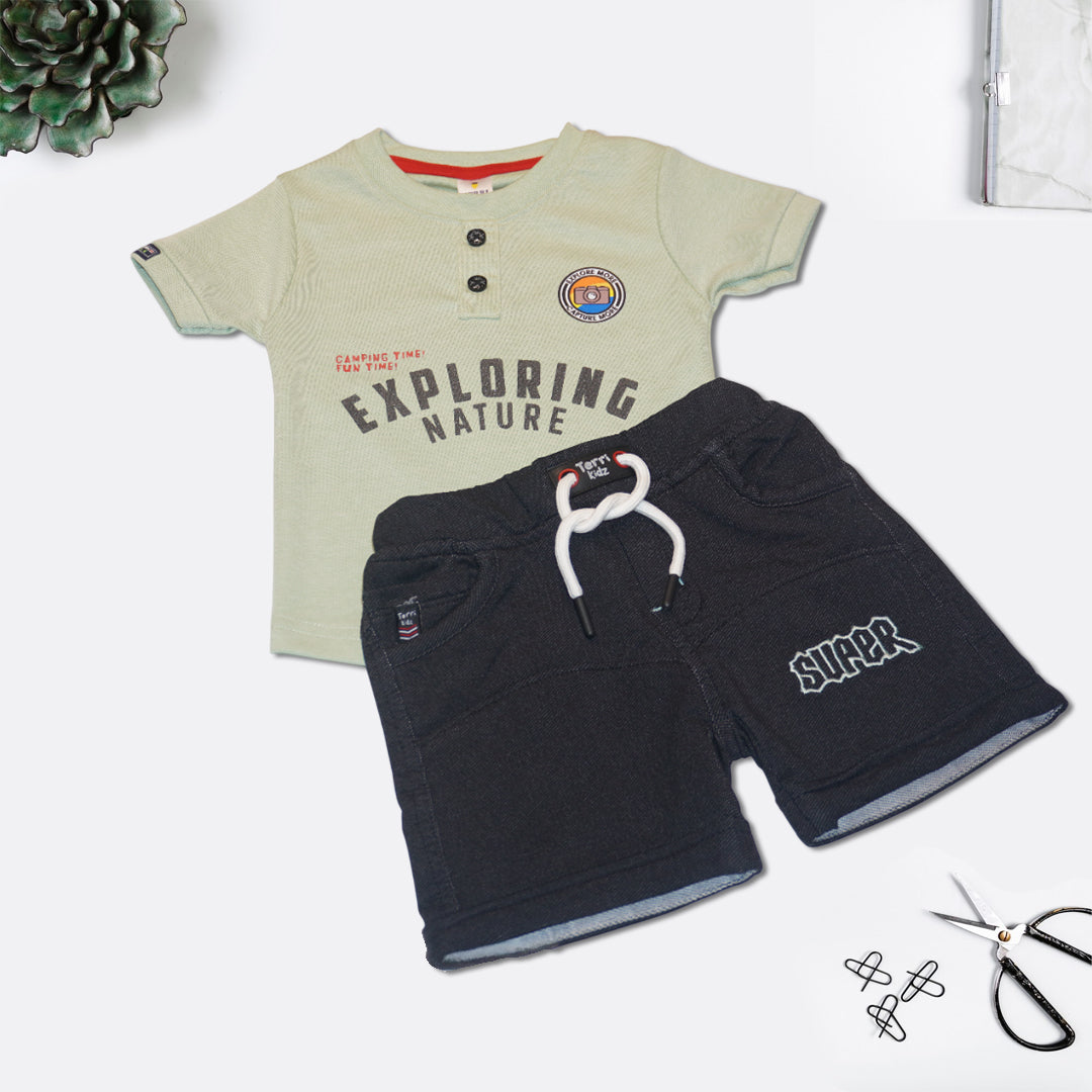 Boys Printed T-Shirt with Denim Shorts