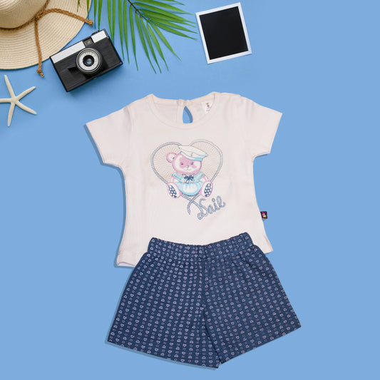 Girls White Tee with Blue Striped Shorts