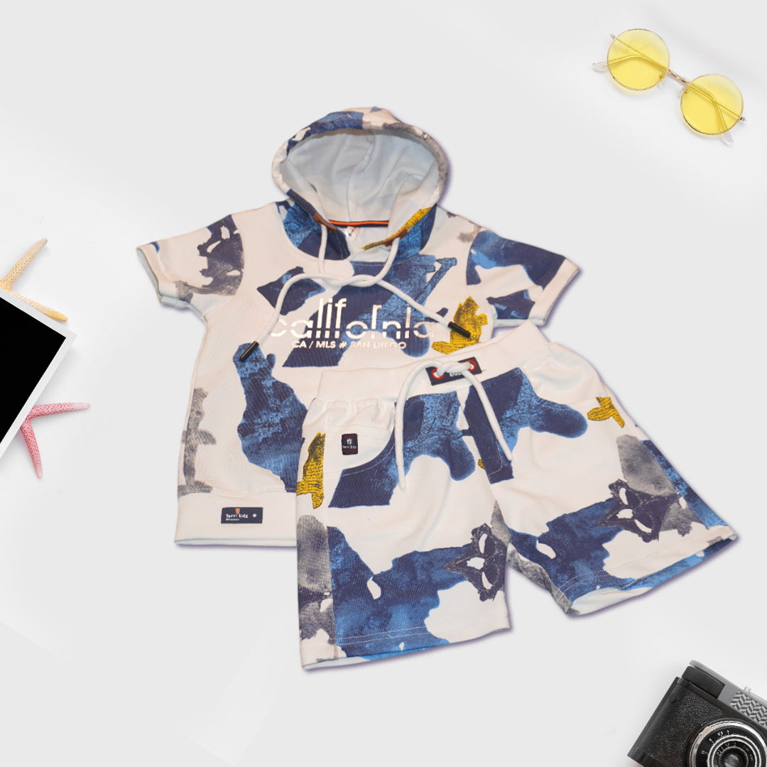 Blue and White Hoodie T-Shirt with Shorts Set