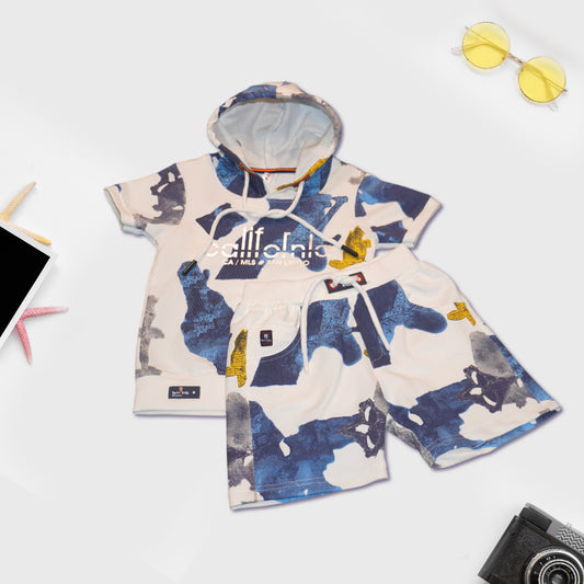 Blue and White Hoodie T-Shirt with Shorts Set