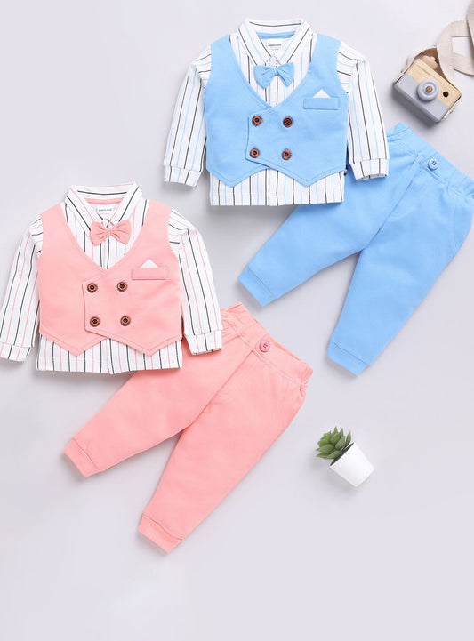 Boys Striped Three Piece Party Suit with Bow - Pink and Blue