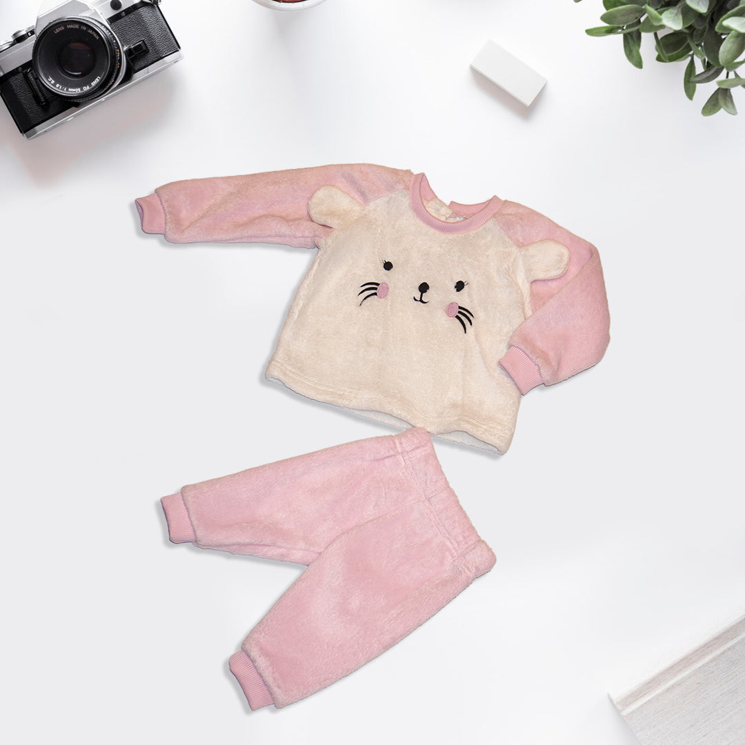 Cat Printed Sweatshirt with Jogger Set - Pink