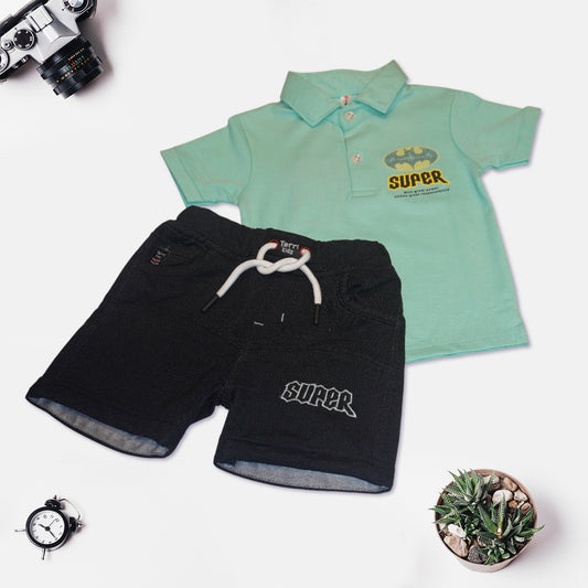 Kids Sea Green Collar T-Shirt with Denim Shorts