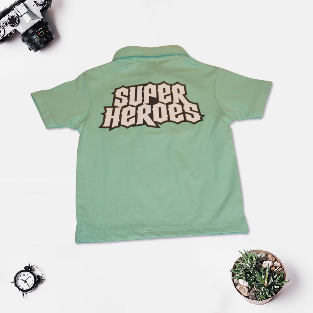 Kids Sea Green Collar T-Shirt with Denim Shorts
