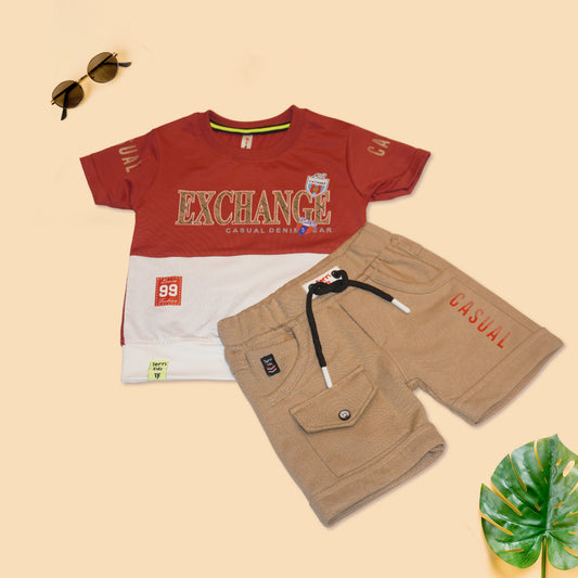 Kids Casual Red and White T-Shirt with Shorts