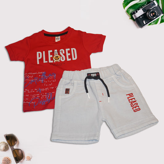 Kids Red T-Shirt with White Denim Shorts