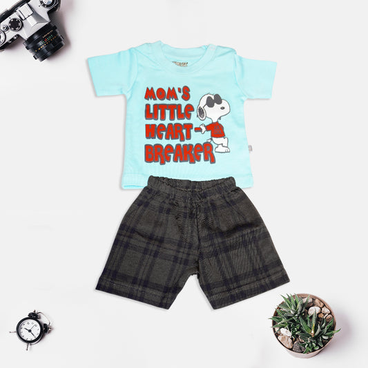 Blue T-shirt and Grey Checkered Short Set