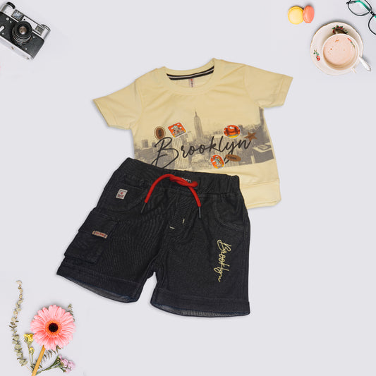 Kids Sandal T-Shirt with Black Denim Shorts