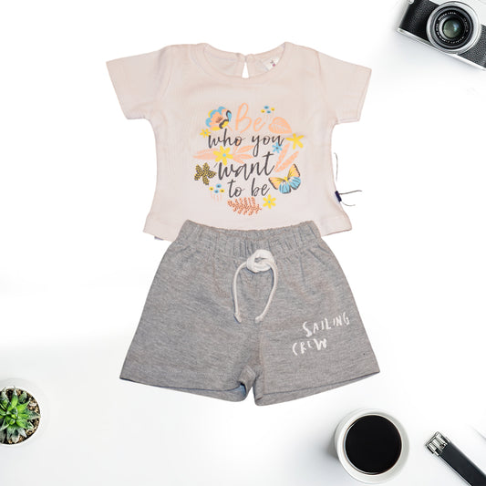 White Printed Tees with Grey Shorts for Girls