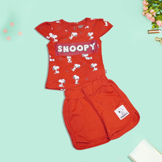 Girls Puppy Printed Red Tees and Shorts Set