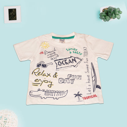 Sinker knit half-sleeve T-shirt and shorts set featuring a 'Funday' text print