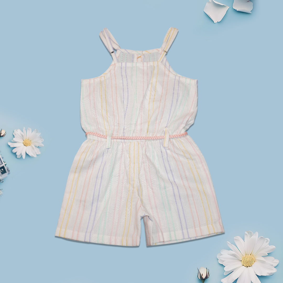 Girls' 100% Cotton Pastel Stripe Playsuit with Tassel Belt – Sleeveless Summer Romper