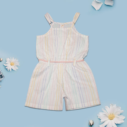 Girls' 100% Cotton Pastel Stripe Playsuit with Tassel Belt – Sleeveless Summer Romper