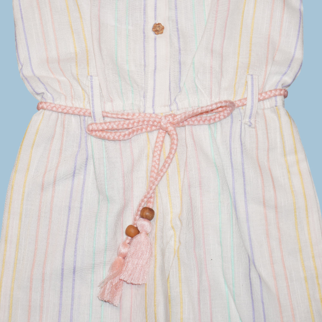 Girls' 100% Cotton Pastel Stripe Playsuit with Tassel Belt – Sleeveless Summer Romper