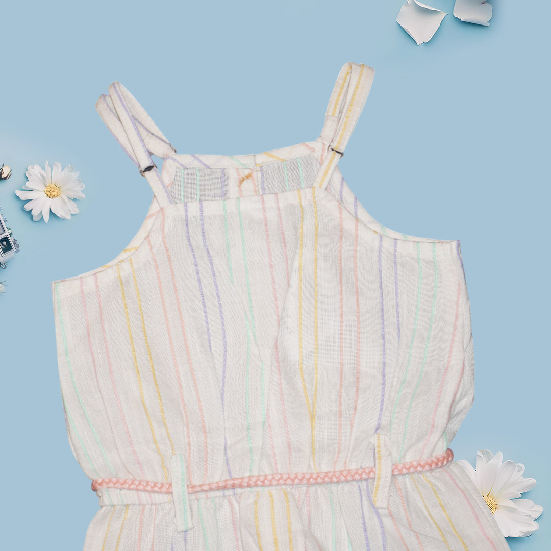 Girls' 100% Cotton Pastel Stripe Playsuit with Tassel Belt – Sleeveless Summer Romper