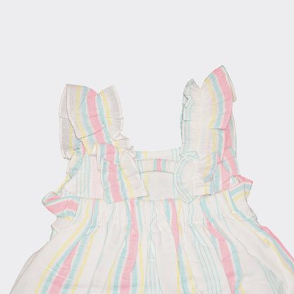 Girls' Pastel Rainbow Stripe Cotton Dress with Ruffle Sleeves – 100% Cotton
