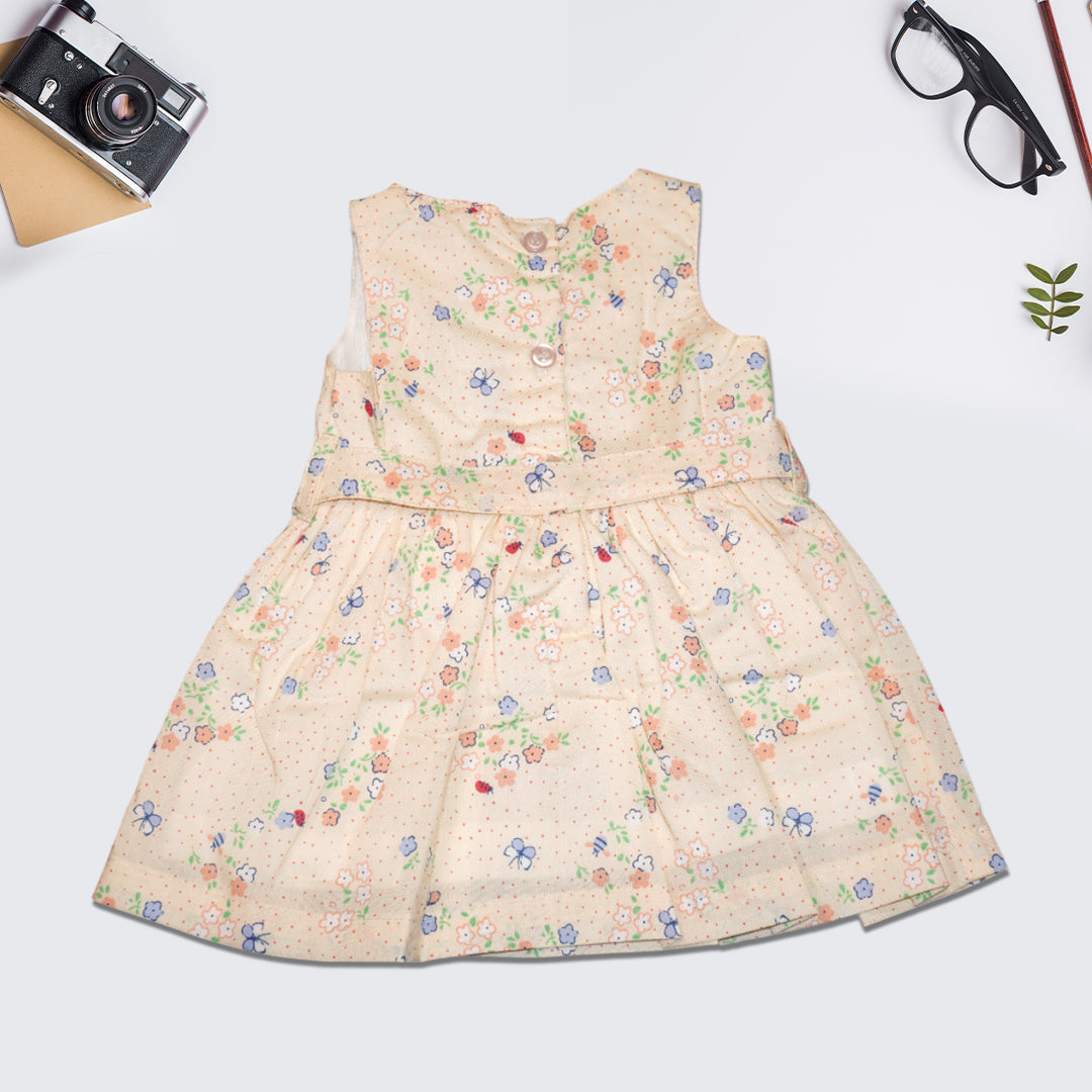Girls' 100% Cotton Sleeveless Floral Dress with Bow – Summer Party Wear