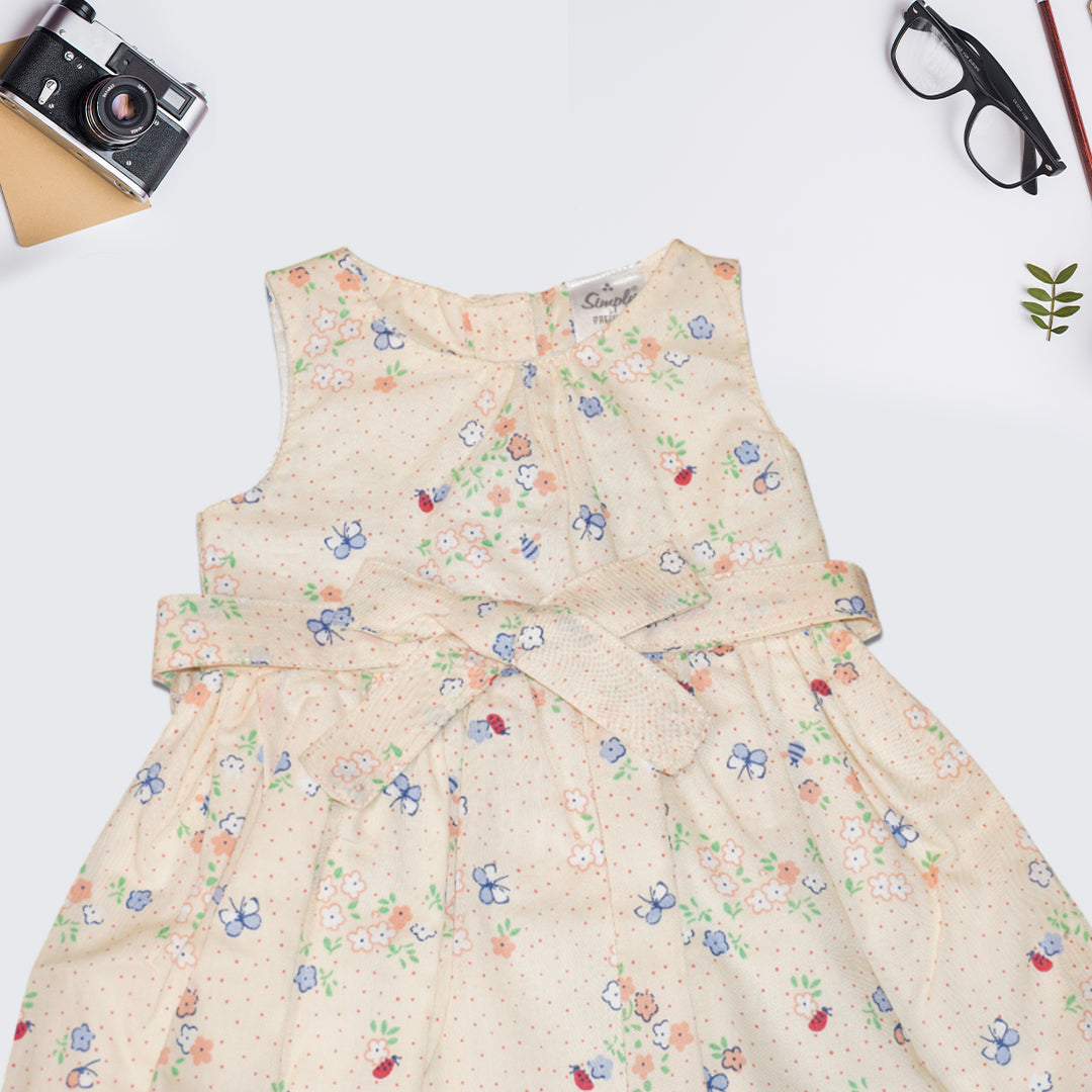 Girls' 100% Cotton Sleeveless Floral Dress with Bow – Summer Party Wear