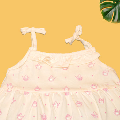 Baby Girls’ Sleeveless Cotton Dress – Cream with Pink Basket Print & Bow Straps