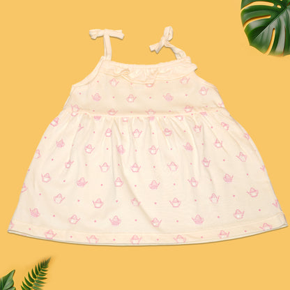 Baby Girls’ Sleeveless Cotton Dress – Cream with Pink Basket Print & Bow Straps
