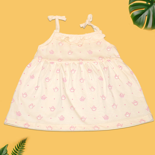Baby Girls’ Sleeveless Cotton Dress – Cream with Pink Basket Print & Bow Straps